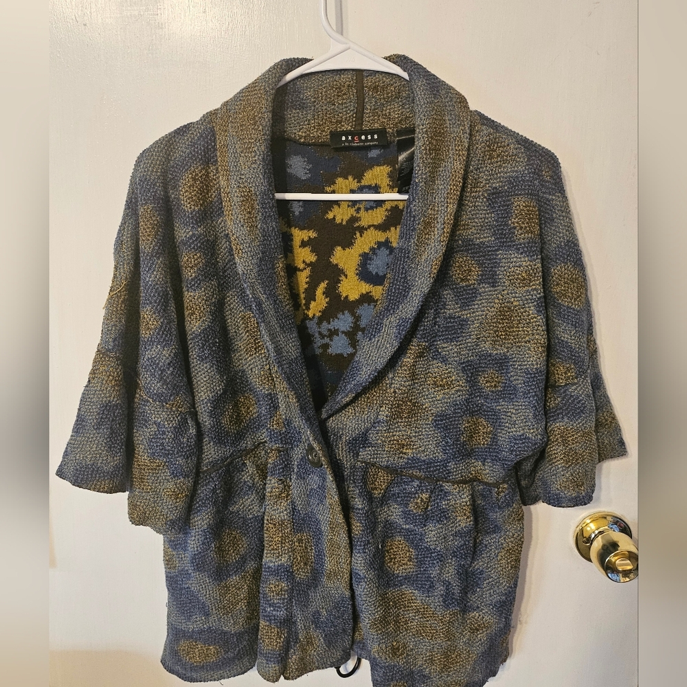 NIC+ZOE Blue and Brown Shawl Collar Cardigan